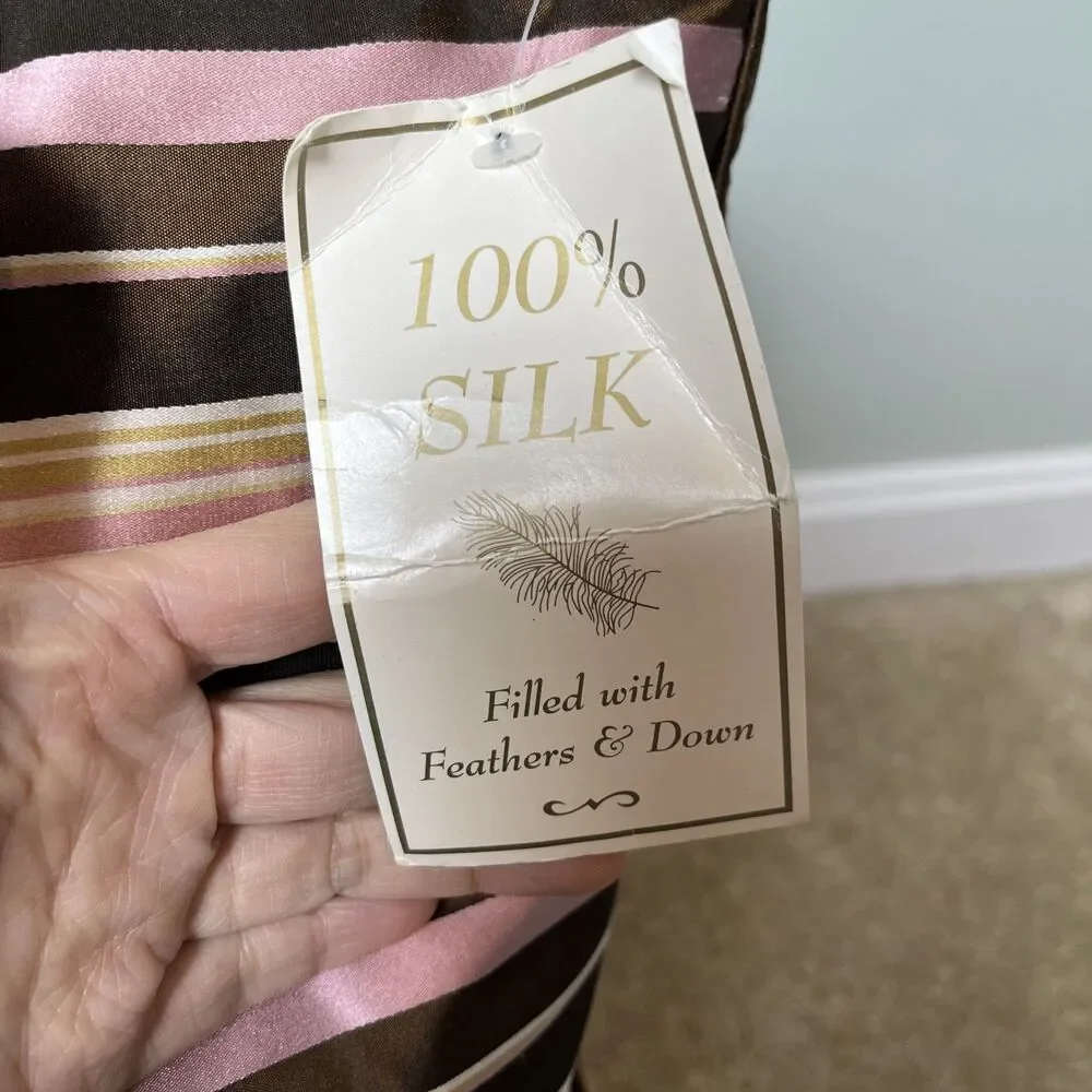 2 100% Silk Striped Throw Pillows Cushions Feather & Down Inserts 18x18 NWT Read
